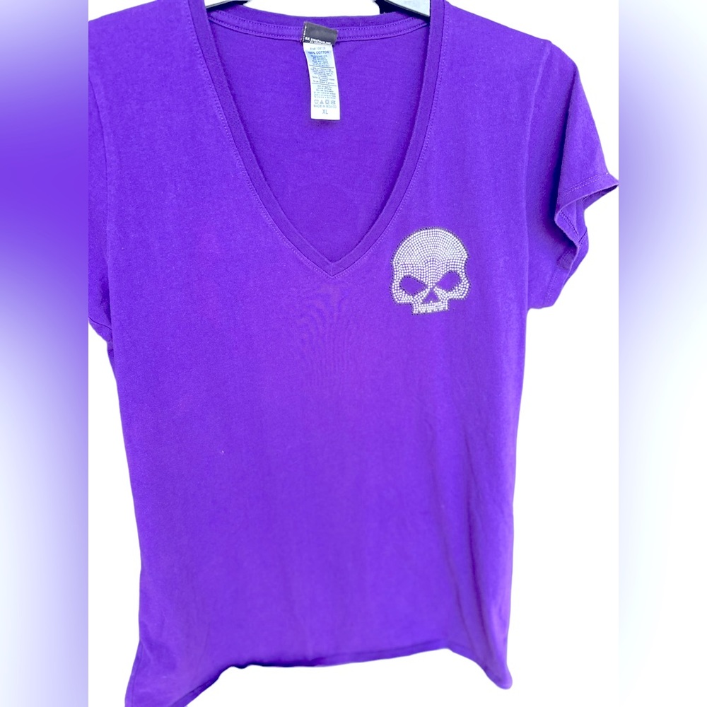 Purple Harley Blinged Willie G Skull V-neck Shirt